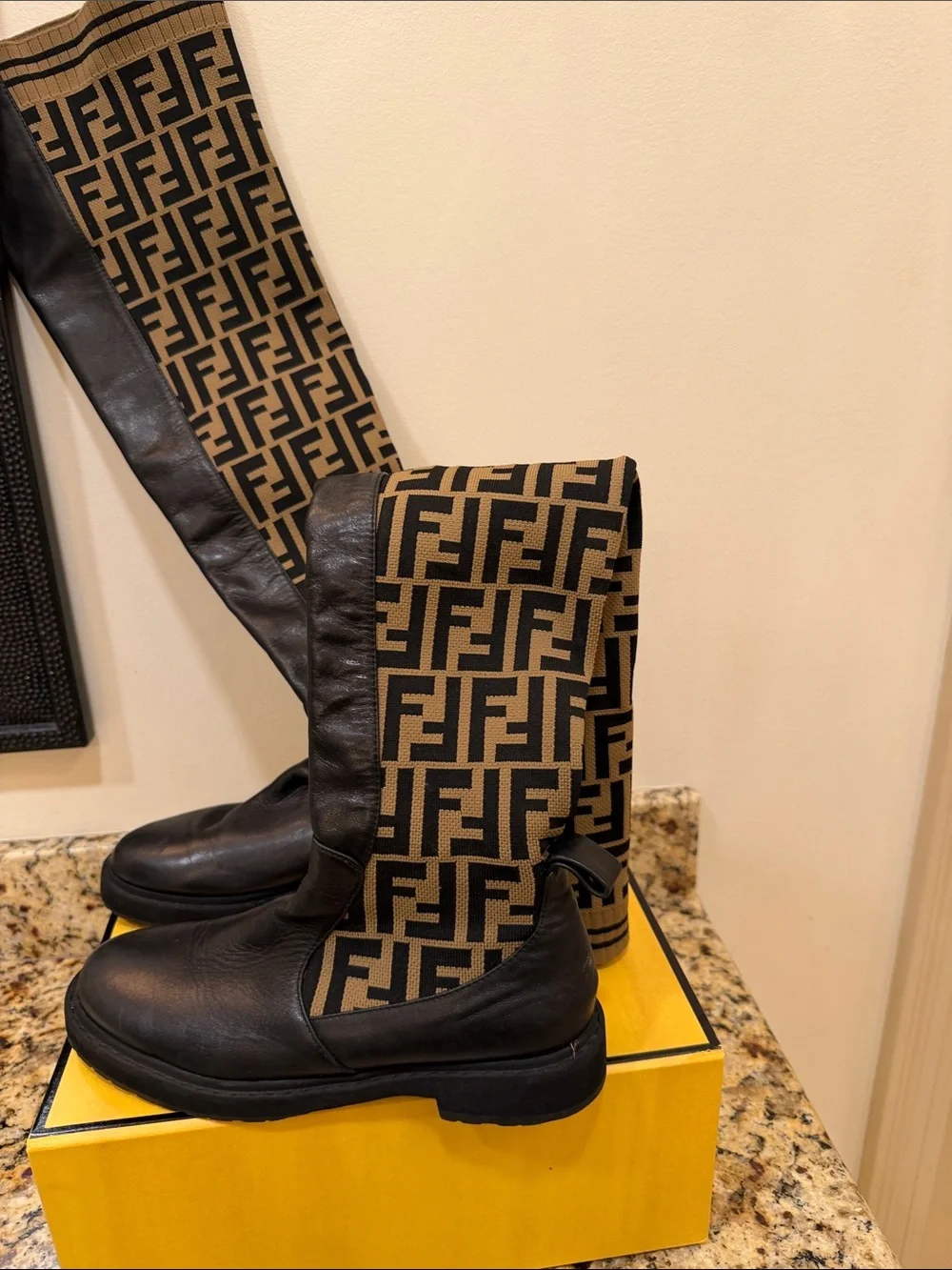 Fendi Beige and Black Zucca Monogram boots with Black Leather Trim